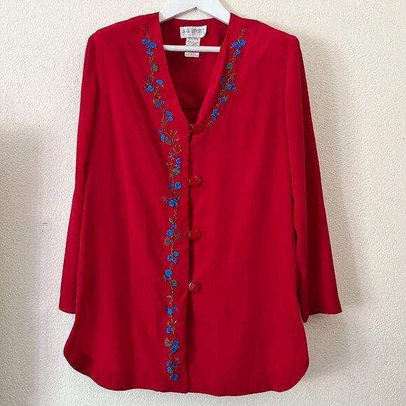 SG Sport Collection Womens Blouse Medium 10/12 Red Silky Embroidered Floral - Picture 1 of 9